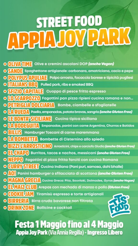 menu Appia Joy Park Street Food 01/04 Maggio