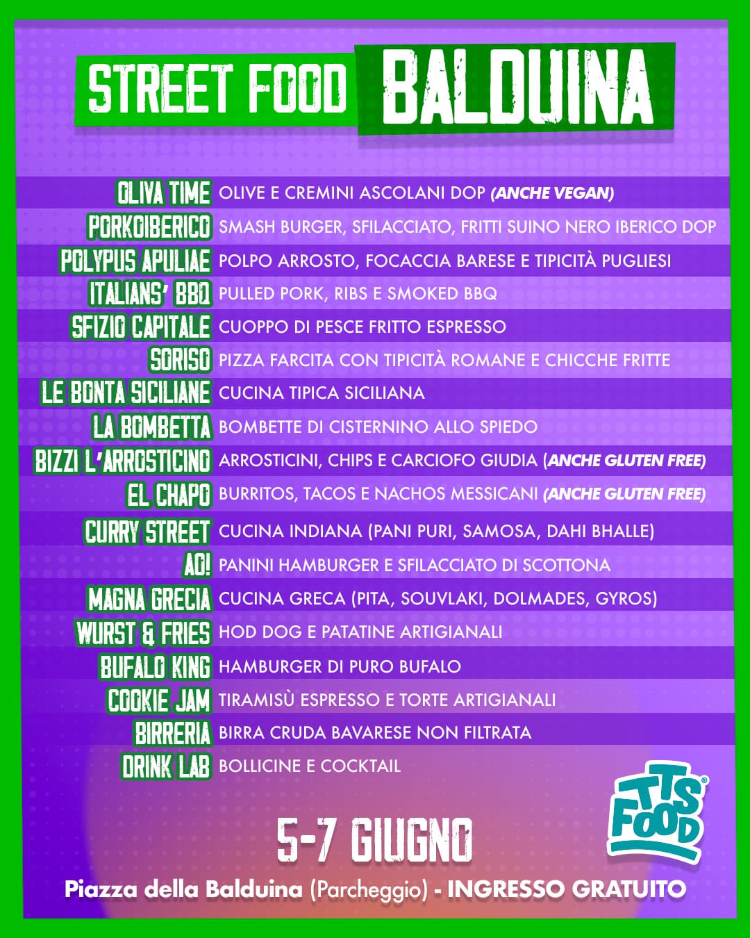 menu Balduina Street Food 05-07 Giugno